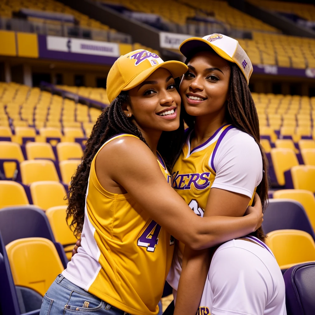 Lightskin Stud and brownskin female hugging and kissing each other wearing matching laker jerseys, with matching hats, in the stadium