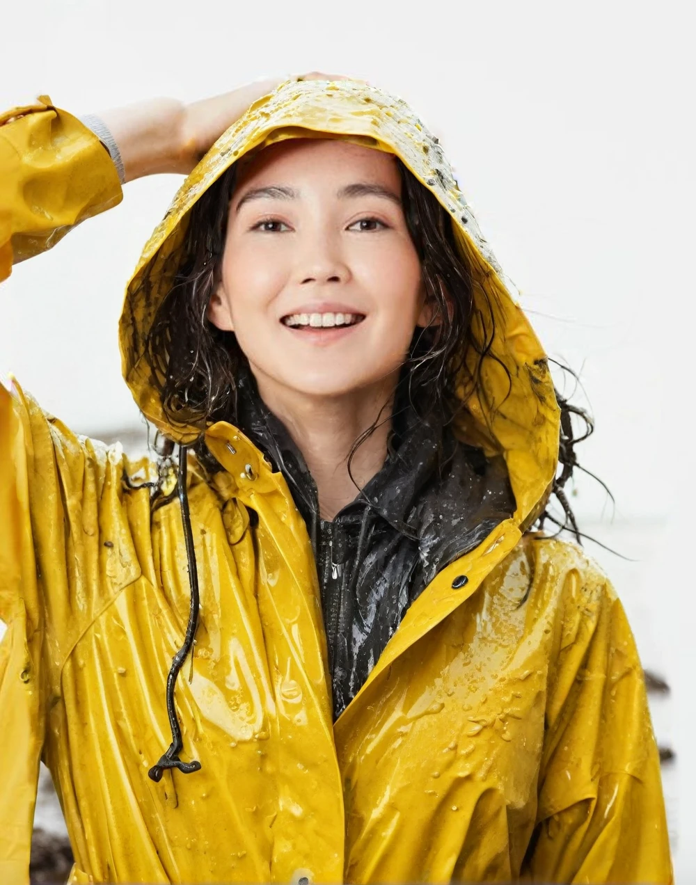 a young woman wearing a bright yellow shiny raincoat, ((((mud-stained and dirty raincoat)))), muddy clothes, beautiful detailed eyes, beautiful detailed lips, extremely detailed face, long eyelashes, outdoor rainy scene, puddles on the ground, intricate texture, photorealistic, 8k, high quality, masterpiece, professional, vivid colors, dramatic lighting