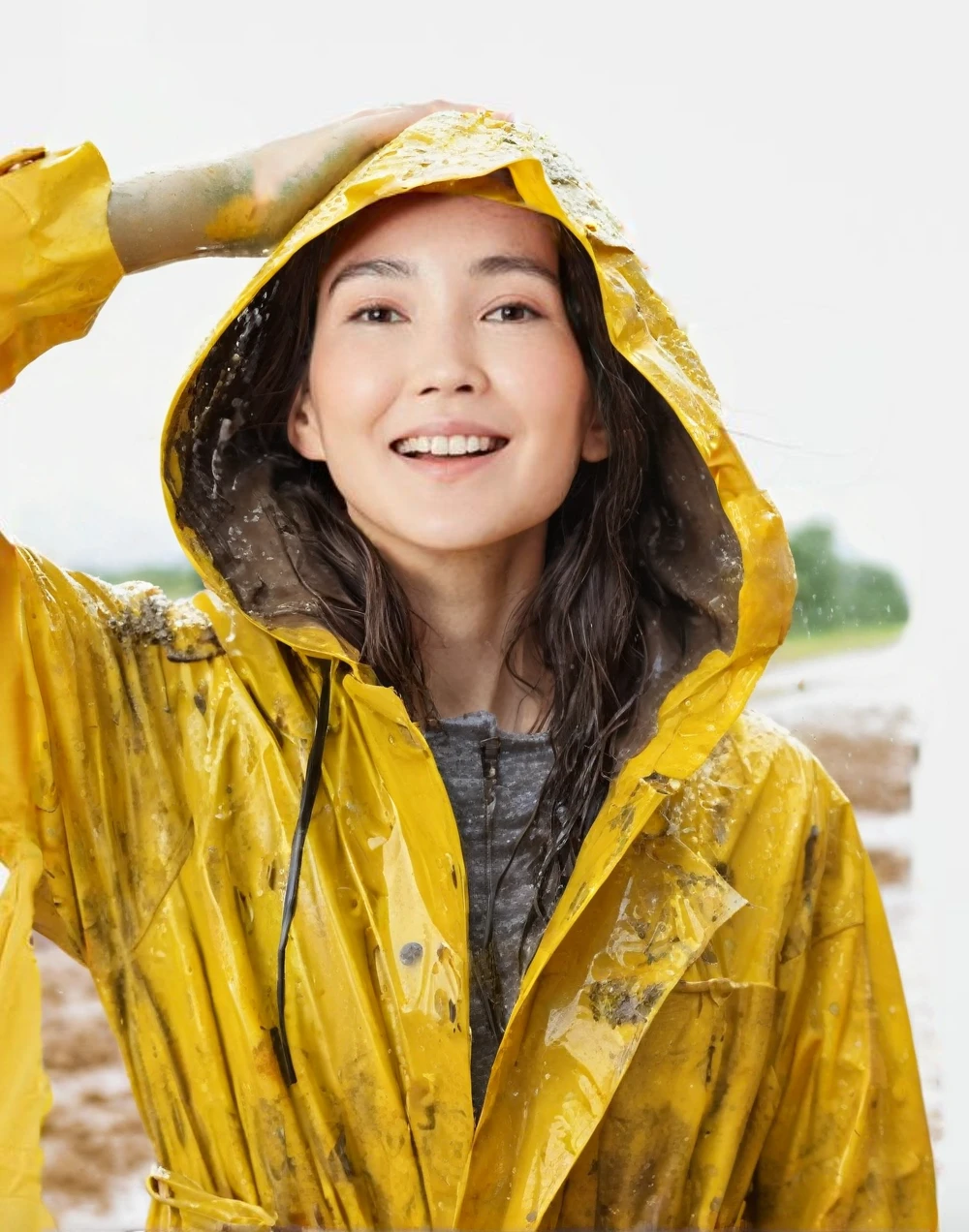 a young woman wearing a bright yellow shiny raincoat, ((((mud-stained and dirty raincoat)))), muddy clothes, beautiful detailed eyes, beautiful detailed lips, extremely detailed face, long eyelashes, outdoor rainy scene, puddles on the ground, intricate texture, photorealistic, 8k, high quality, masterpiece, professional, vivid colors, dramatic lighting