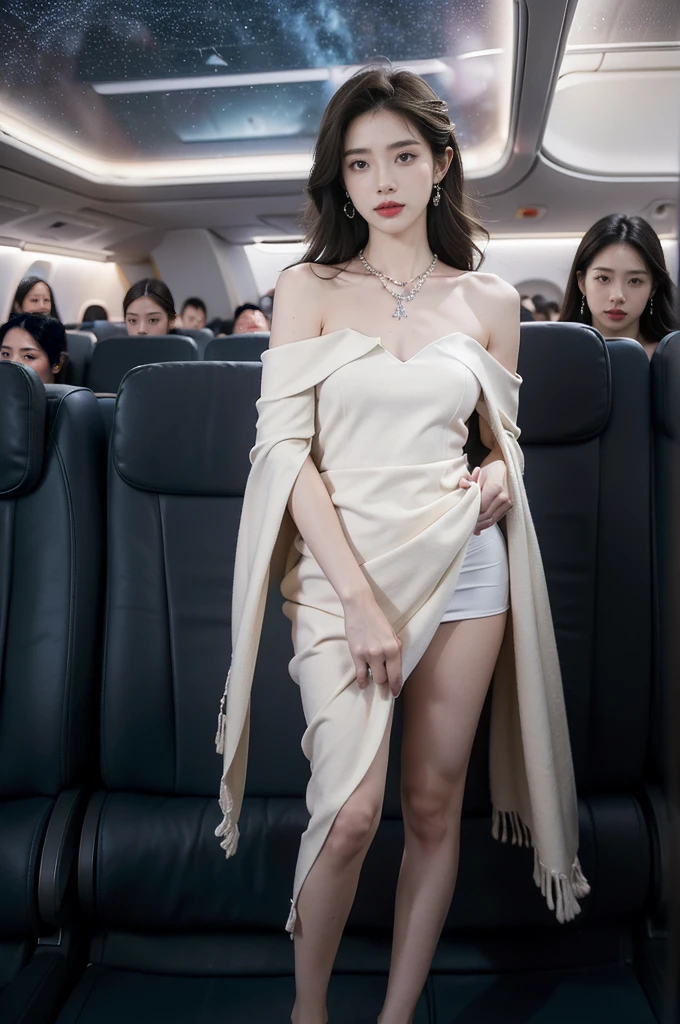 (((best quality))),(((ultra detailed))),(((masterpiece))),illustration,(a beautiful girl,female passenger,solo),(parted red lips),((slim,thin,small breasts,flat chest)),((earrings,crystal necklace)),(slender legs:1.2),summer night,((in airplane,economy class,indoor)),(blanket over shoulders:1.3),((dress)),(shoulder length straight bob hair:1.2),stars,moonlight,smooth flight,engine sound,lullaby,relaxed,excited,laughing,visiting family,comfortable seats,soft fabric,headrests,adjustable,beauty of night sky,dimmed lights,sleeping passengers,movies,personal screens,staying awake,magic of sky,joy of being with family,memorable journey,adventures,(surrounded by crowded crowds:1.3),(Outside the window is high-altitude night view:1.2),((standing,from front,full body)),(arms behind back:1.3)