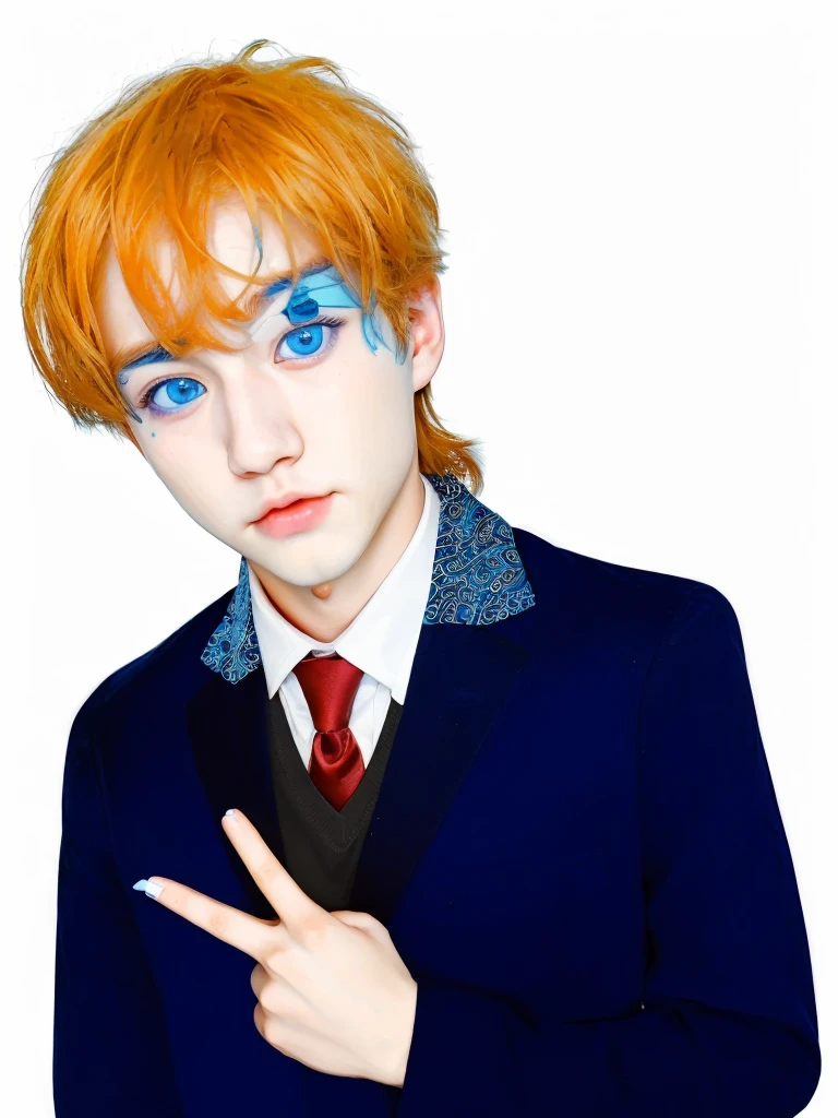 Boy, handsome, perfect blue ocean eyes, with blue dongker jass, perfect face, white skin, 