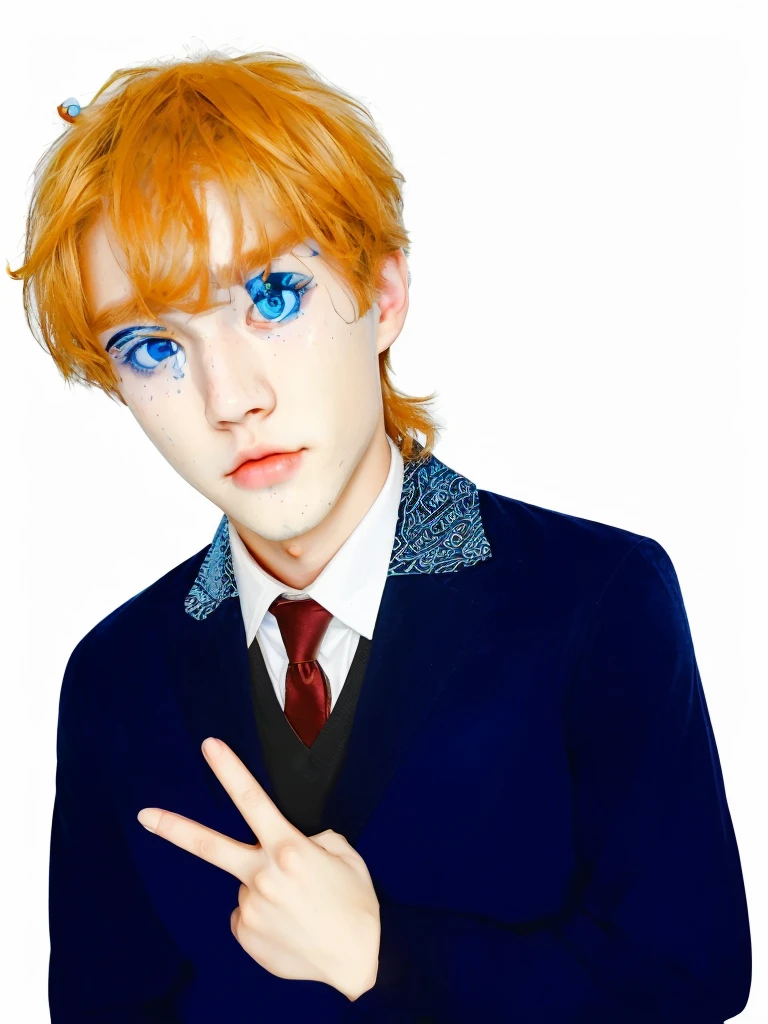 Boy, handsome, perfect blue ocean eyes, with blue dongker jass, perfect face, white skin,