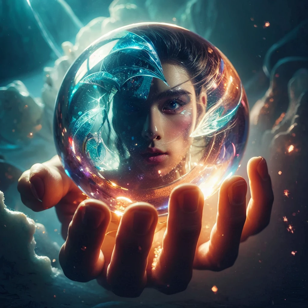 someone holding a crystal ball with a picture of a face in it, beautiful digital art, beautiful image ever created, very beautiful digital art, digital art picture, artistic digital art, beautiful gorgeous digital art, surrealism!!!!, surreal dream, surreal realistic, beautiful!!! digital art, crystal ball, gorgeous digital art, amazing photography, surrealistic digital artwork, stunning digital art