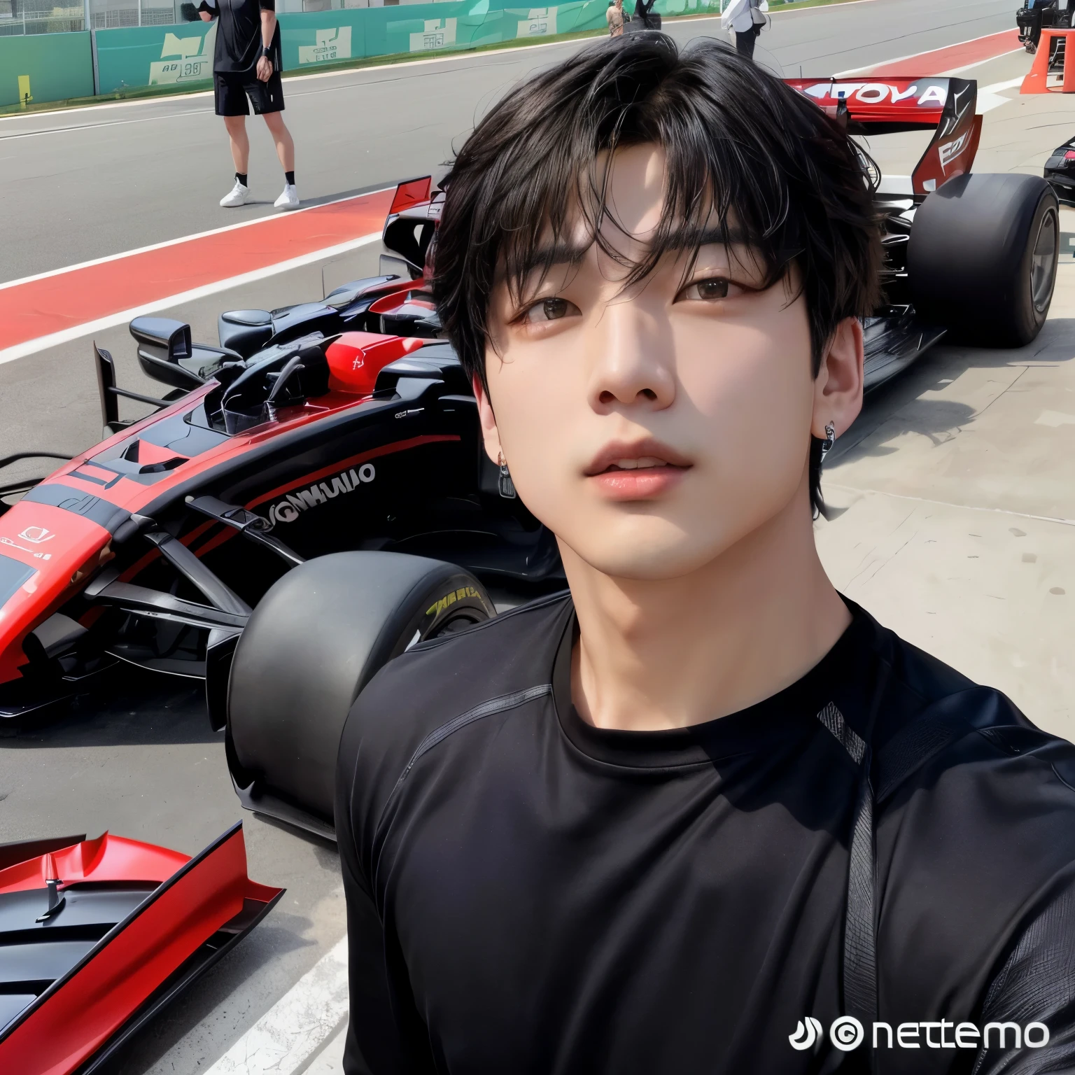 asian man in a black shirt standing next to a sport car, jungkook, smooth in _ the background, inspired by jeon jungkook, 