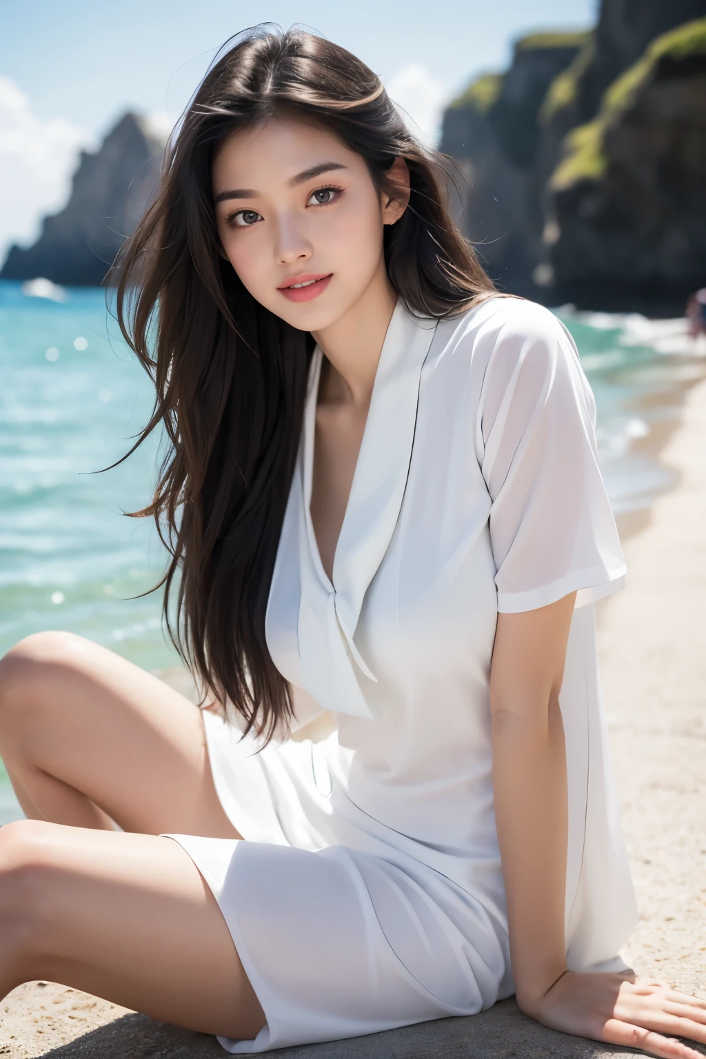 8K RAW Photos, Highest quality, masterpiece, Ultra-high resolution, 3d, Realistic, One girl, Asian, black_hair, White Dress, length_hair, nose, , neckerchief, Natural skin texture, light brown_eye, detailed eyes and face, lips, lipstick, smile, Beautiful feet, Huge breasts, Beautiful seaside location, (Detailed Background), White Dress, White shirt, Blurred Background, Short sleeve