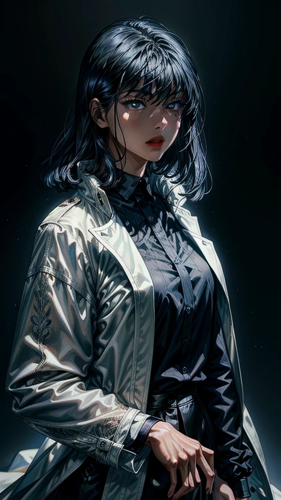 a beautiful young woman with delicate features, detailed eyes, elegant lips, and long eyelashes, wearing a white coat and black shirt with long sleeves, posing in an intricate and highly detailed scene, masterfully rendered in a photorealistic style with exceptional quality, vivid colors, and perfect lighting