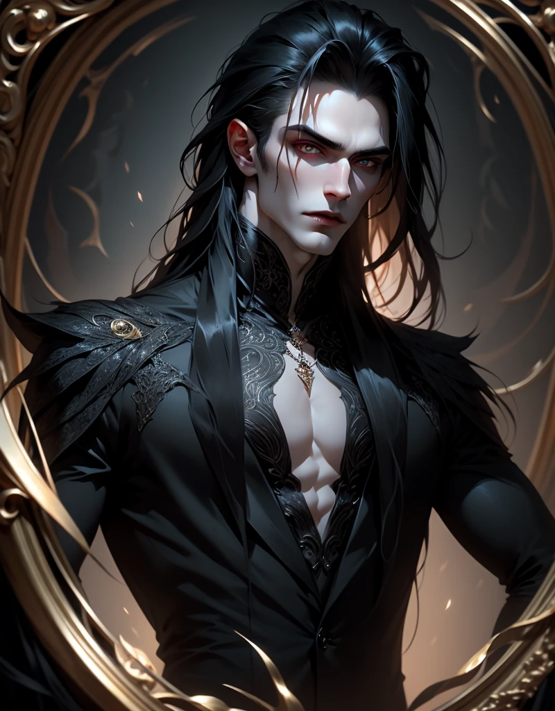 {anatomy}(Masterpiece - Ultra-detailed, very high resolution) Prepare to be enchanted by a true masterpiece that combines ultra-detailed art with high-resolution rendering. This work portrays a vampire man with long black hair (1.3) and captivating golden eyes (1.2), emanating an aura of mystery in decadent settings. The intricate details and realistic textures invite you to explore every aspect of this enchanting composition. Vampire man wearing black. Serious expressions. Pale skin like a vampire.