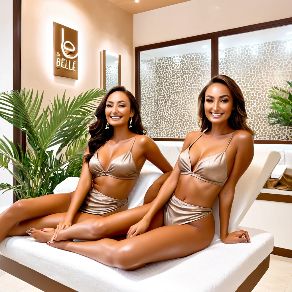 The scene depicts happy, tanned women relaxing at La Belle e Bronze beauty clinic. They are enjoying the services offered, and the ambiance is both welcoming and luxurious. The clinic’s name is elegantly stylized, adding to the relaxing atmosphere.
