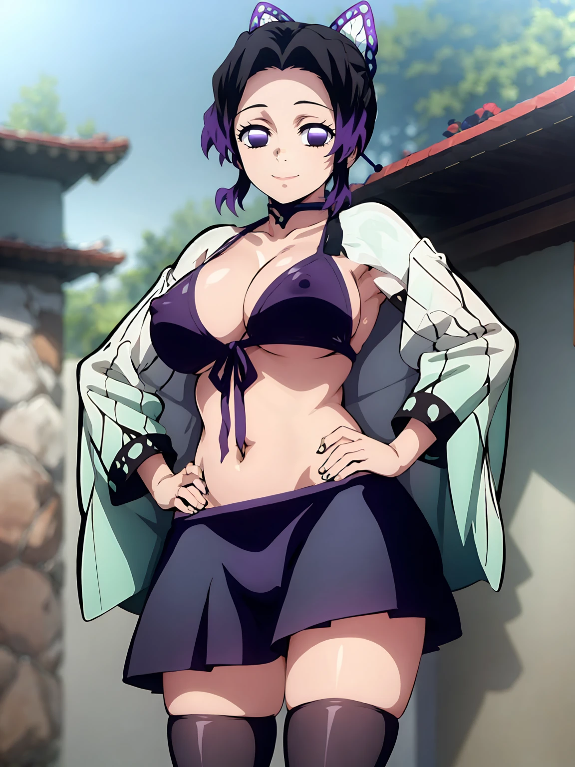 Kochou shinobu, 4k, absurd, high resolution, very high resolution, high definition, masterpiece, Short hair, purple hair, Separate bangs, Hair Adorno, Butterfly hair ornament, Purple eyes, micro bikini, zettai ryouiki black thighhighs, cowboy shot, looking_at_viewer, lite smile, closed mouth, hairy natural public hair, natural armpit hair, sagging huge_breast, erect nipples, standing, hand on hip, skinny, short stack