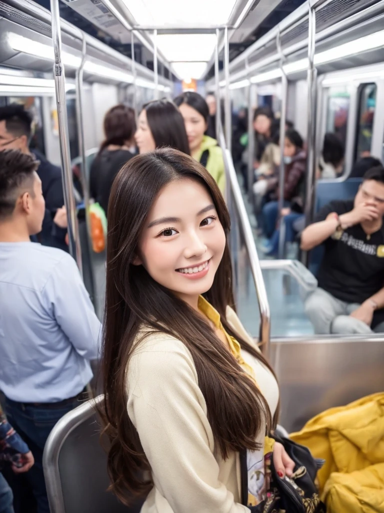 Top image quality、masterpiece、Beautuful Women、japanes、25-years old、On the train、a smile、Raw photo、White shirt、chest、A sexy