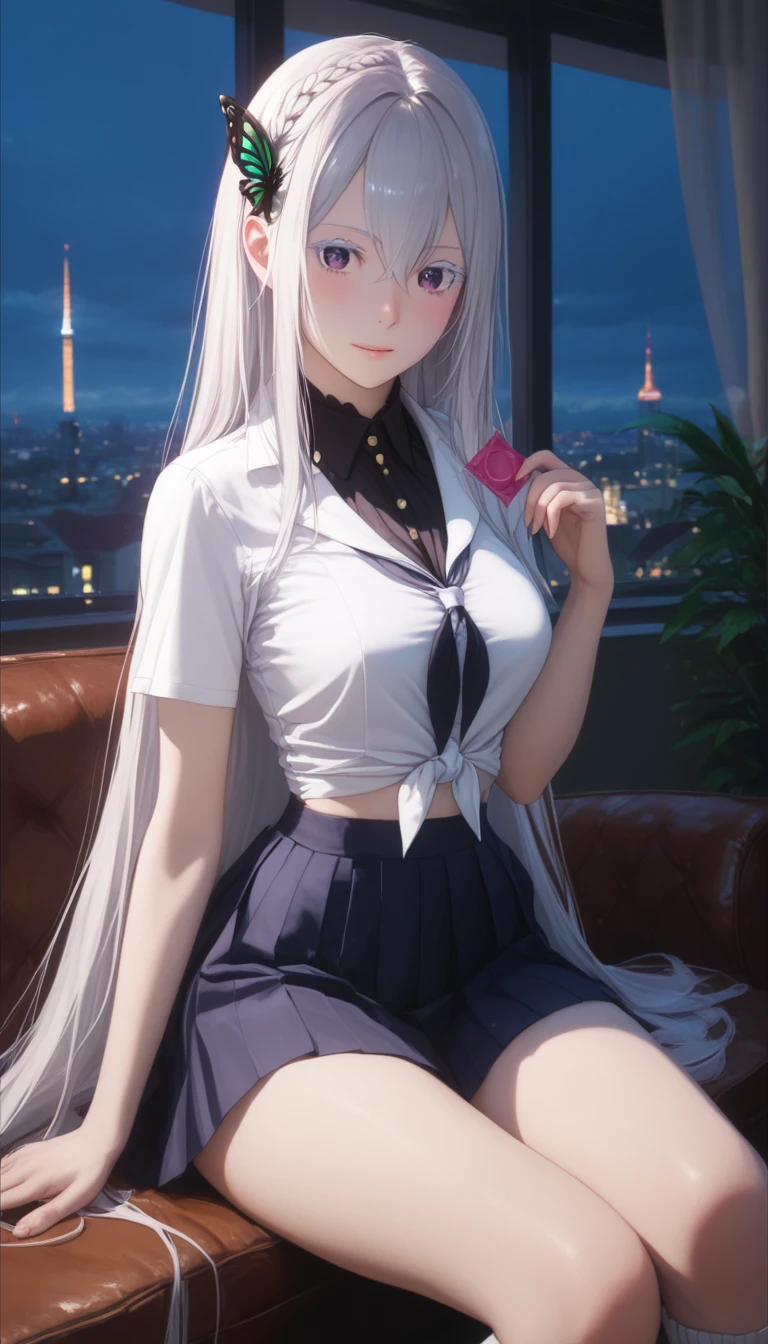 score_9, score_8_up, score_7_up, score_6_up, uncensored, Echidia, absurdly long hair, purple eyes, silver hair, colored eyelashes, very long hair, butterfly hair ornament, BREAK (masterpiece:1.2), best quality, high resolution, (detailed eyes:1.3), perfect lighting, (perfect hands, perfect anatomy), sitting on table, holding condom, front-tie top, white crop top, short sleeves, miniskirt, pleated skirt, thong leotard, white leg warmers, indoors, evening, window, cityscape