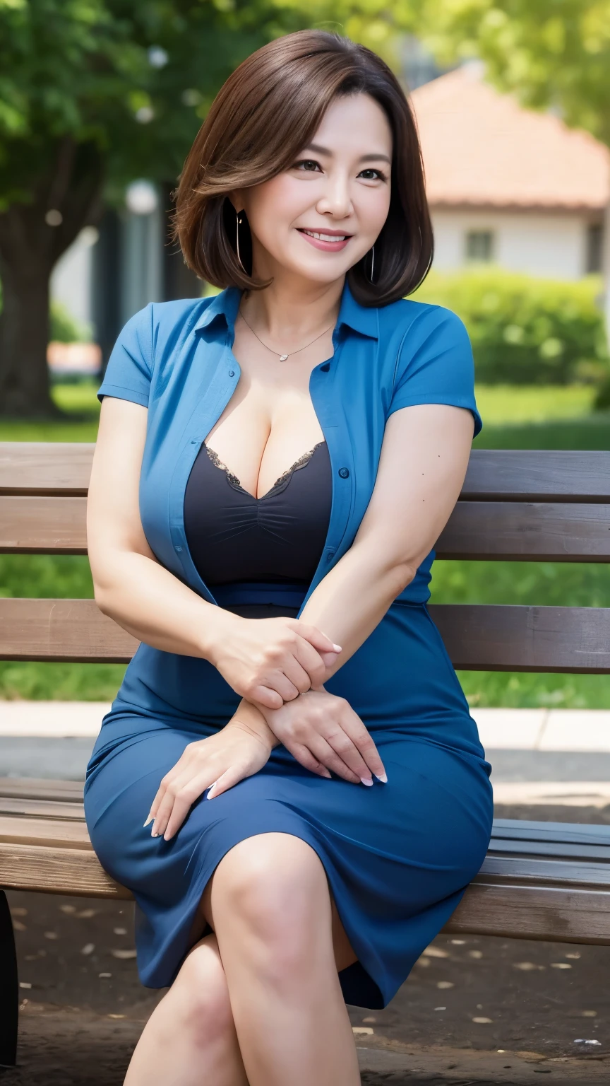 8k wallpaper, masterpiece, Highest quality, Super detailed, One Mature Woman, 50 years old, Become very clear, Wearing short sleeves, Skin dents, Captivating smile, Looking at the audience, Cleavage, plump, Curvaceous, Fascinating face, Smiling with teeth showing, Wrinkles around the eyes, Sitting on a park bench, Background Blur