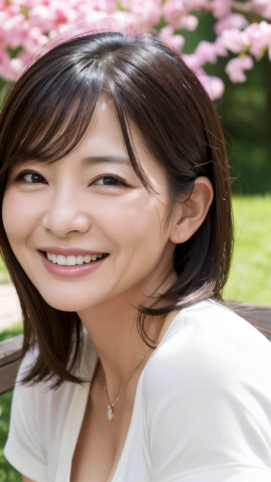 8k wallpaper, masterpiece, Highest quality, Super detailed, One Mature Woman, 50 years old, Become very clear, Wearing short sleeves, Skin dents, Captivating smile, Looking at the audience, Cleavage, plump, Curvaceous, Fascinating face, Smiling with teeth showing, Wrinkles around the eyes, Sitting on a park bench, Background Blur