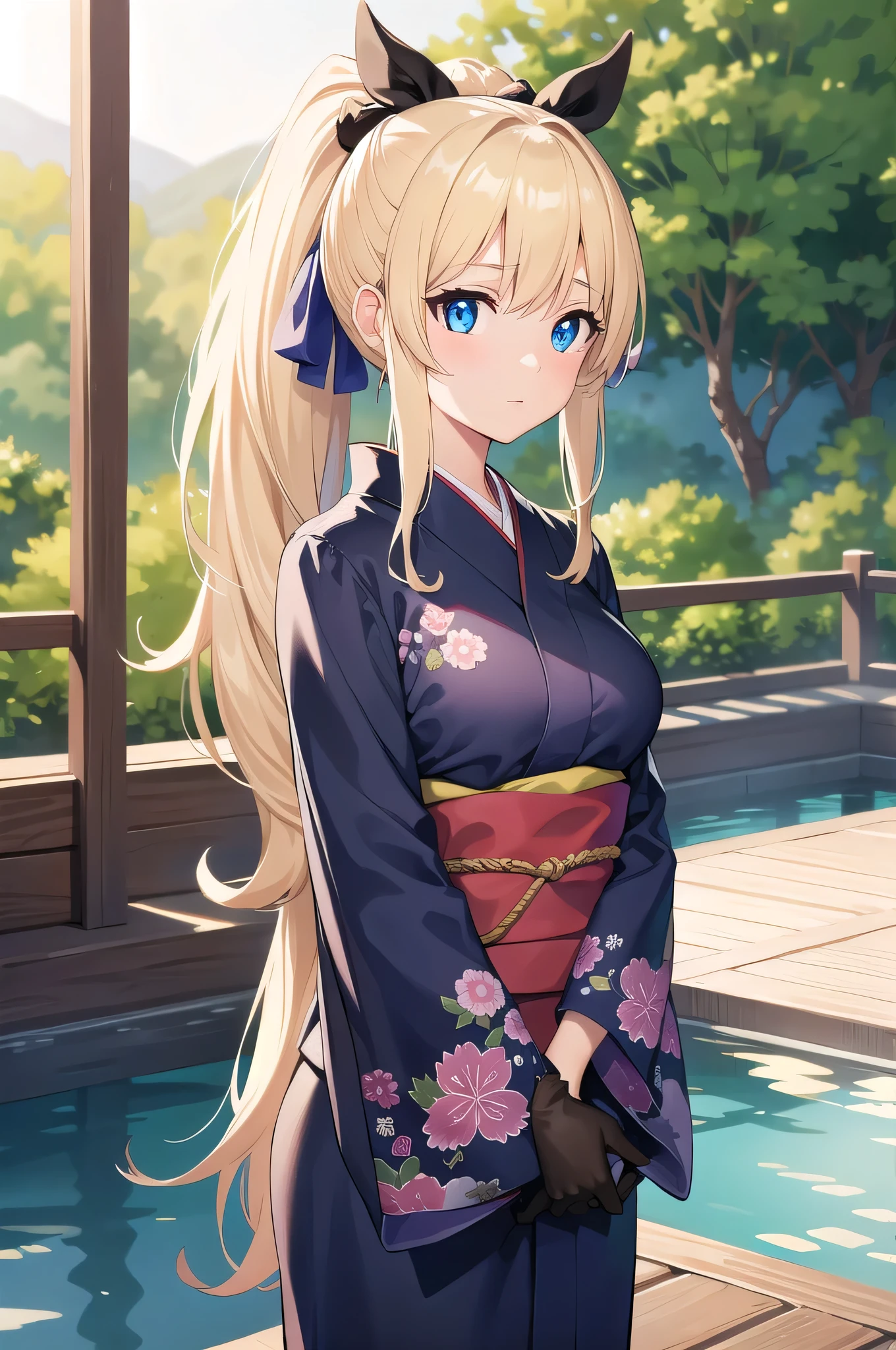 animesque、One blonde girl with red eyes、Blue kimono、off shoulders、a river
