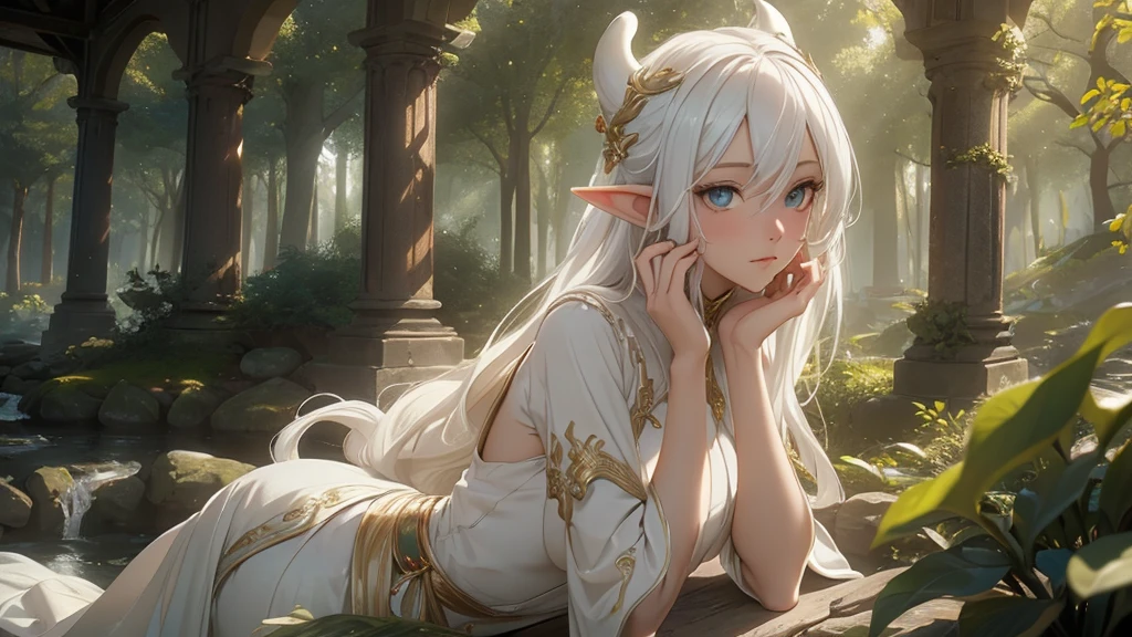 1 girl, Beautiful girl, White hair, "Elf with a captivating look, unearthly beauty, flowing golden hair, pointed ears, dressed in elaborate elven attire, surrounded by a mystical forest, soft sunlight, breaking through lush greenery.", Asian skin tone, Beautiful eyes, beautiful asian face, , long hair, masterpiece, , realistic hair, a lot of hair, White hair, depth of field, point of interest, depth of field is masterpiece, best photography composition masterpiece,  rule of third masterpiece photography, daylight, photography masterpiece daylight from side, realistic skin texture, strong reflection, ( pose pinterest) masterpiece beautiful, Devil's Horns, smooth pixel, ray of light, soft light, 