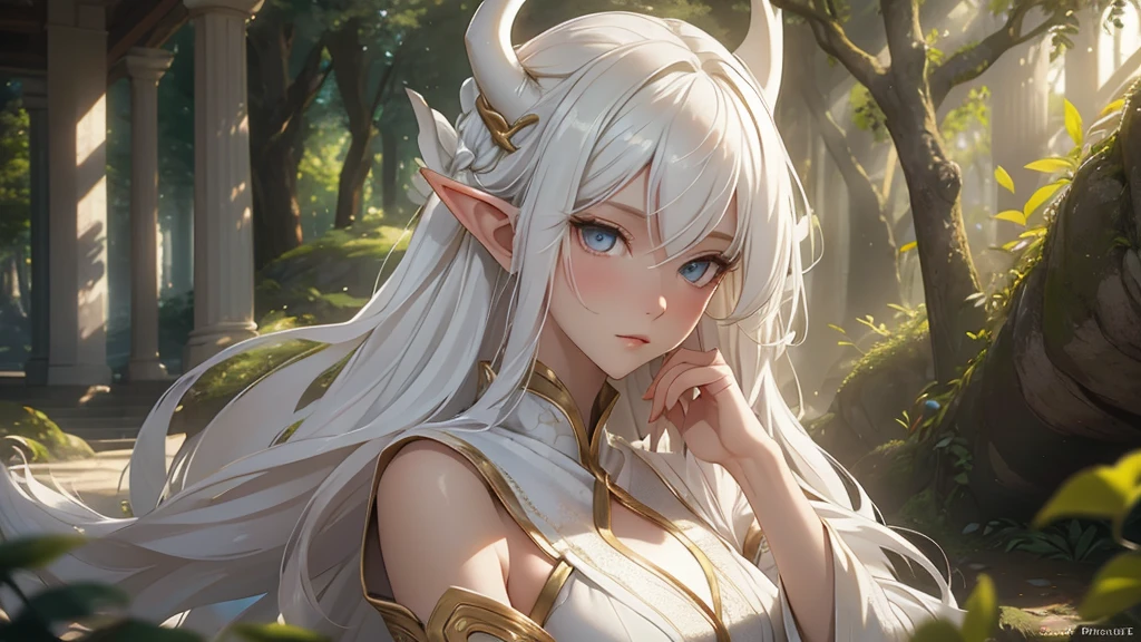 1 girl, Beautiful girl, White hair, "Elf with a captivating look, unearthly beauty, flowing golden hair, pointed ears, dressed in elaborate elven attire, surrounded by a mystical forest, soft sunlight, breaking through lush greenery.", Asian skin tone, Beautiful eyes, beautiful asian face, , long hair, masterpiece, , realistic hair, a lot of hair, White hair, depth of field, point of interest, depth of field is masterpiece, best photography composition masterpiece, rule of third masterpiece photography, daylight, photography masterpiece daylight from side, realistic skin texture, strong reflection, ( pose pinterest) masterpiece beautiful, Devil's Horns, smooth pixel, ray of light, soft light,