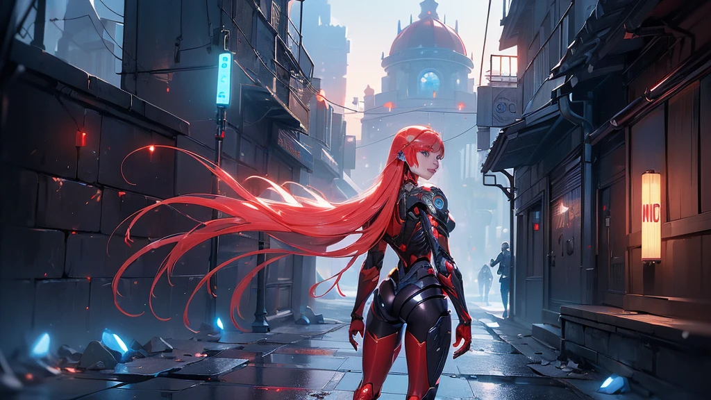 (back view, back view),,(masterpiece:1.4), ((Best quality:1.4 ),,Ariana Granfrom, (Organic cyborgs:1.4) , charming smile,(red plastic:1.4) , diffuse lighting, elegant, difficult, elegant, muy fromtallado, natural, Photorealistic, Digital paint, estaciones from arte, illustration, conceptual art, seeds, sharp focus, El arte from John Collier y Albert Obright y Krenz Kusart y Artem Demura,foto froml cuerpo, (background alley walls big stones night cyberpunk :1.4), (ojos fromtailed azules :1.4), (perfect anatomy), {-error_from_anatomy:1.0}, (bright colors), (red cyborg, Human hybrid :1.4), Evening, (beautiful artificial intelligence transparent red:1.4)