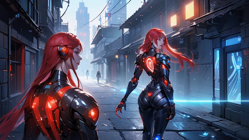 (back view, back view),,(masterpiece:1.4), ((Best quality:1.4 ),,Ariana Granfrom, (Organic cyborgs:1.4) , charming smile，(red plastic:1.4) , diffuse lighting, elegant, difficult, elegant, muy fromtallado, natural, Photorealistic, Digital paint, estaciones from arte, illustration, conceptual art, seeds, sharp focus, El arte from John Collier y Albert Obright y Krenz Kusart y Artem Demura,foto froml cuerpo, (background alley walls big stones night cyberpunk :1.4), (ojos fromtailed azules :1.4), (perfect ???????), {-error_from_???????:1.0}, (bright colors), (red cyborg, Human hybrid :1.4), Evening, (beautiful artificial intelligence transparent red:1.4) 