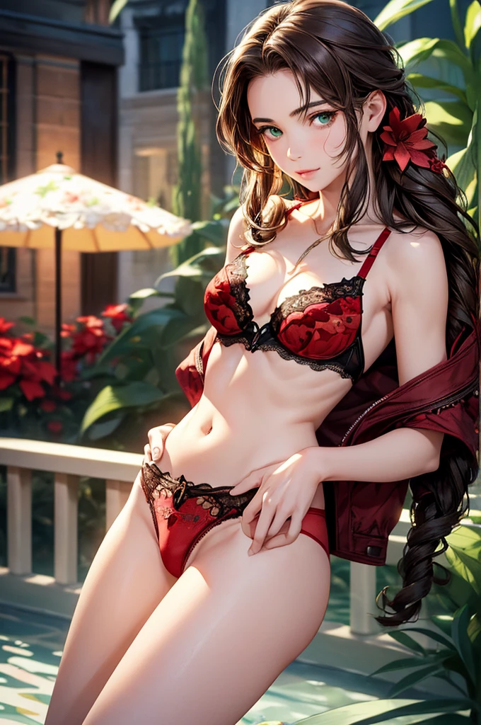 (masterpiece:1.3, Highest quality, Ultra-high resolution, Super detailed), (Realistic, photoRealistic:1.4), Beautiful illustrations, Perfect lighting, colorful, Depth of written boundary, Beautiful detailed hair, Beautifully detailed face, Beautiful fine details, Beautiful clavicle, Beautiful body, Beautiful breasts, Beautiful thighs, Beautiful feet, Beautiful fingers, View your viewers, 1 girl, Perfect Face, (Perfect Anatomy, Anatomically correct), Cute and symmetrical face, Baby Face, , Shiny skin, (Brown Hair), Hair between the eyes, Dark green eyes, Droopy eyes, Big eyes, Long Eyelashes, (((Luxury underwear)))、((Red floral underwear))),(bra、Embroidery pattern)、(((panties、Embroidery pattern)))、(Beautiful views), Bright lighting、smile、laughing,(((semen)))、(((The whole body is visible)))