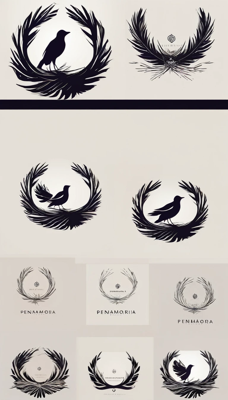 A minimal, modern, simple, cinematic logo design for the brand “Penamemoria". Create a modern, minimalistic, high-quality, logo of a boy inside a nest made of feathers. The logo must be a symbol for dreams, stories, memories, music and imagination.