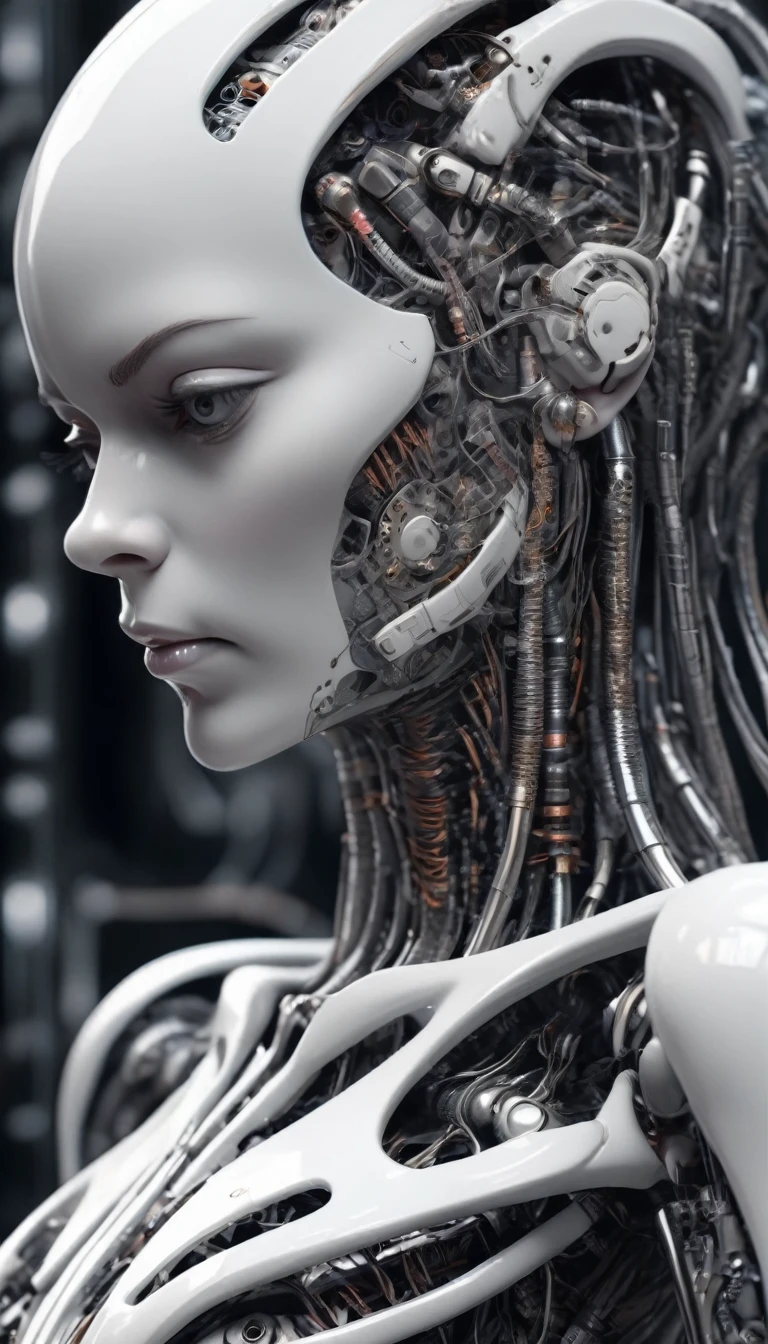 complex 3d render ultra detailed of a beautiful porcelain profile woman android face, looking at the camera、cyborg, robotic parts, 150 mm, beautiful studio soft light, rim light, vibrant details, Luxurious cyberpunk, lace, hyperrealistic, anatomical, facial muscles, cable electric wires, microchip, elegant, beautiful background, octane render, H. R. giger style, 8K, best quality, masterpiece, illustration, an extremely delicate and beautiful, extremely detailed ,CG ,unity ,wallpaper, (realistic, photo-realistic:1.37),Amazing, finely detail, masterpiece,best quality,official art, extremely detailed CG unity 8K wallpaper, absurdres, incredibly absurdres, robot, silver halmet, full body, sitting