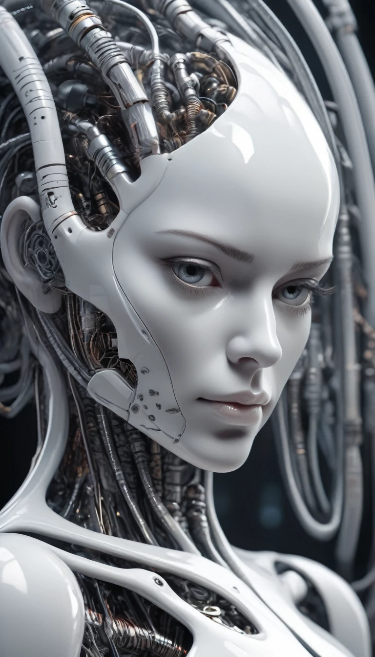 complex 3d render ultra detailed of a beautiful porcelain profile woman android face, looking at the camera、cyborg, robotic parts, 150 mm, beautiful studio soft light, rim light, vibrant details, Luxurious cyberpunk, lace, hyperrealistic, anatomical, facial muscles, cable electric wires, microchip, elegant, beautiful background, octane render, H. R. giger style, 8K, best quality, masterpiece, illustration, an extremely delicate and beautiful, extremely detailed ,CG ,unity ,wallpaper, (realistic, photo-realistic:1.37),Amazing, finely detail, masterpiece,best quality,official art, extremely detailed CG unity 8K wallpaper, absurdres, incredibly absurdres, robot, silver halmet, full body, sitting