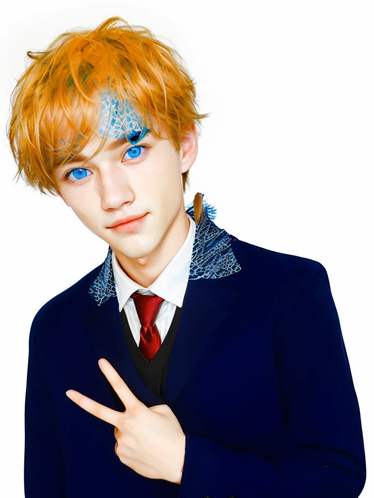 Boy, handsome, blue ocean eyes, with blue dongker jass, perfect face, white skin, smirk lips