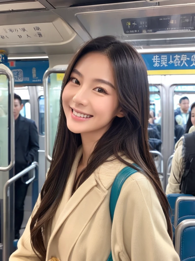 A packed train in tokyo, office ladies commuting to work, suits, people standing so close together that their bodies are touching, ((full body)), ((photo)), ((best qualtiy, 8K, tmasterpiece:1.3)), Focus:1.2, perfect figure beautiful girl:1.4, 1girl, cowboy shot, look at viewer, incredibly absurd, beautiful and cute girl with a photorealistic face, showcasing top-quality craftsmanship, A Japanese woman looking cramped on a crowded train, 20 years old, long dark brown hair that falls to her shoulders, long shiny hair, with bangs, side parted hairstyle, brown eyes, round face, small nose, cherry red lips, bright smile, white teeth, smooth skin, healthy complexion, small ears, natural eyebrows, long eyelashes, slim, well-balanced proportions, moderate muscle, slim waist, round hips, supple limbs, short nails, beautiful C cup breasts, white blouse, black tight skirt, heeled pumps, silver necklace and bracelet, black belt, pretty older woman, beautiful, neat, soothing, cute voice, polite, kind-hearted, responsible, positive, optimistic, sociable, good communication skills, April
