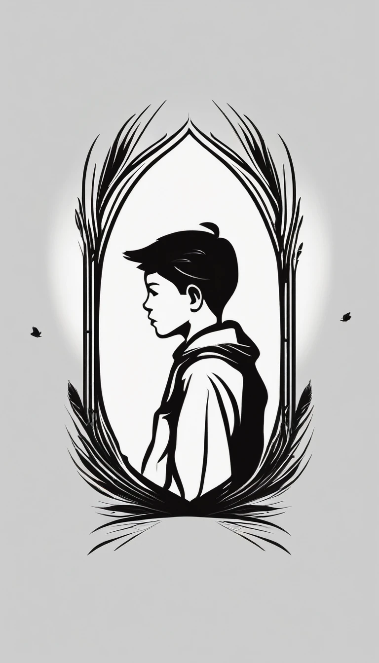 A minimal, modern, simple, cinematic logo design for the brand “Penamemoria". The logo design of a boy with a head of a feather playing acoustic guitar. The logo must convey a sense of music, stories and dreams. Minimalistic logo design of a boy dissolving into a feather of dreams and memories