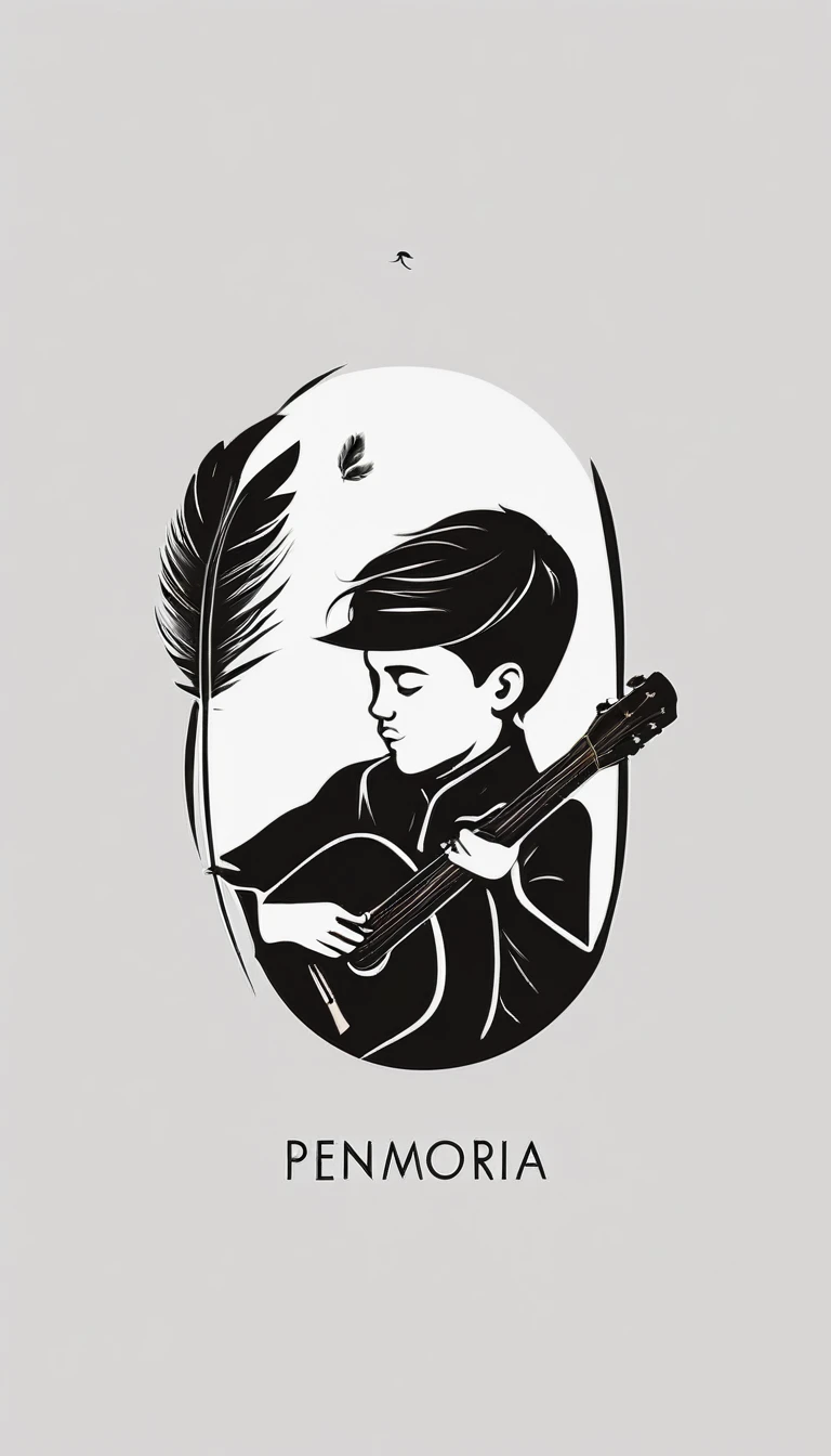 A minimal, modern, simple, cinematic logo design for the brand “Penamemoria". The logo design of a boy with a head of a feather playing acoustic guitar. The logo must convey a sense of music, stories and dreams. Minimalistic logo design of a boy dissolving into a feather of dreams and memories