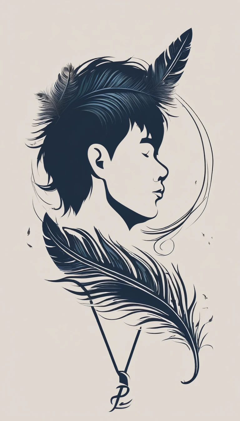A minimal, modern, simple, cinematic logo design for the brand “Penamemoria". The logo design of a boy with a head of a feather playing acoustic guitar. The logo must convey a sense of music, stories and dreams. Minimalistic logo design of a boy dissolving into a feather of dreams and memories
