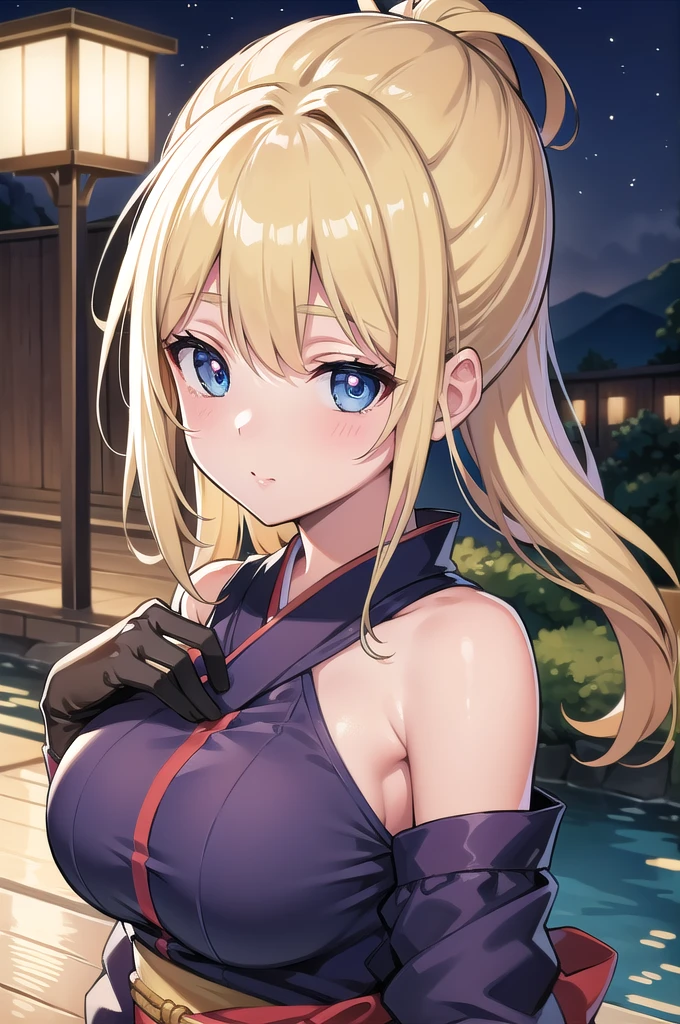 beatrixamerhauser, beatrix amerhauser, long hair, blue eyes, blonde hair, gloves, ponytail, (medium breast:1.2),
BREAK japanese clothes, kimono, yukata,cleavege,
BREAK looking at viewer,
BREAK outdoors, onsen,night,steam,wet,
BREAK (masterpiece:1.2), best quality, high resolution, unity 8k wallpaper, (illustration:0.8), (beautiful detailed eyes:1.6), extremely detailed face, perfect lighting, extremely detailed CG, (perfect hands, perfect anatomy),