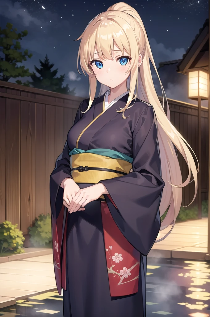 beatrixamerhauser, beatrix amerhauser, long hair, blue eyes, blonde hair, gloves, ponytail, (medium breast:1.2),
BREAK japanese clothes, kimono, yukata,cleavege,
BREAK looking at viewer,
BREAK outdoors, onsen,night,steam,wet,
BREAK (masterpiece:1.2), best quality, high resolution, unity 8k wallpaper, (illustration:0.8), (beautiful detailed eyes:1.6), extremely detailed face, perfect lighting, extremely detailed CG, (perfect hands, perfect anatomy),