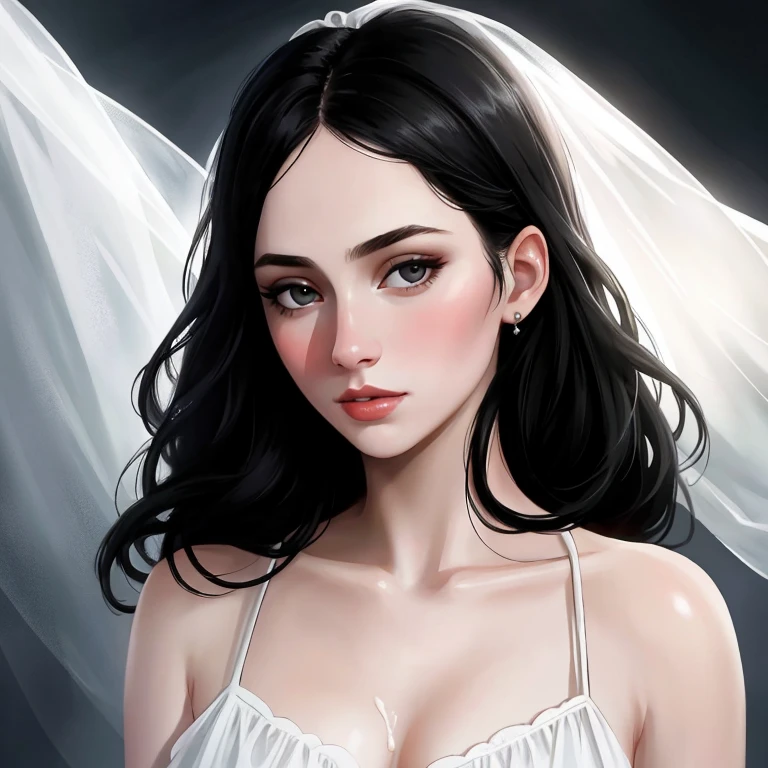 beautiful girl with realistic black eyes, pale skin, mid-length black hair, cum on perfect face, perfect eyes, wearing sheet sundress, highly detailed, comprehensive cinematic, digital painting, 8k, cinematic lighting, best quality, highres, detailed work, post-processing, perfect result, hyper realistic