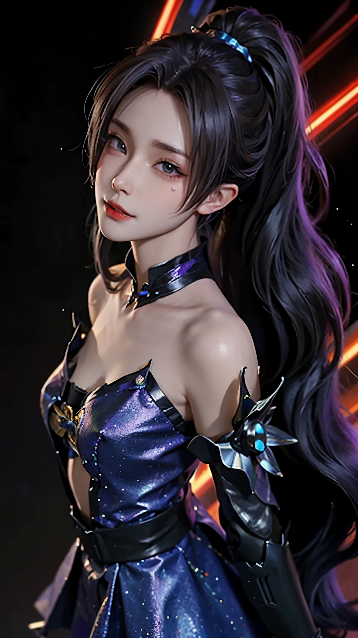 4k ultra high definition、best quality, masterpiece, Ultra-high resolution, (Reality: 1.4), 1 girl, Purple Eyes, Off-the-shoulder sweater dress, Light、purple and black hair、((Dark Makeup、Oily skin,有Light泽的皮肤、Realistic skin texture、Delicate and beautiful skin、容Light焕发的皮肤)), Dark city center at night、Kabukicho、Dark cyberpunk、(panoramic:1.8)(masterpiece, best quality, Extremely detailed, The best shadow), (Detailed background,Dark Fantasy), (Beautiful and delicate face), High contrast, (Optimal Lighting, Extremely refined), ((Light)), rich and colorful, Extremely detailed, 戏剧性的Light, Intricate details, (1 girl, solitary,Black Hair, Pointed face,Low double ponytail,Red Eyes, Hair between the eyes,Dynamic Angle), Blood splatter, Black Light swirling around the character, Depth of Field,Black Light particles,(shattered glass) Ultra-clear, Detailed description, Detailed legs, Oily skin, texture, best quality, 最好的Light线,  Detail face, clavicle, 腿very long, very long, Long hair random color, Eye color random, Light污染, 8K, 3d, Hair accessories with bows, Big goals, Smile, Express, action, sailor, Handcrafted, 8K HD, Star Guardian, Oily skin, Best Angle, Ultra-high-definition picture quality, role play, Unreal Engine, 最佳Light泽, best quality, masterpiece, Highest image quality, 