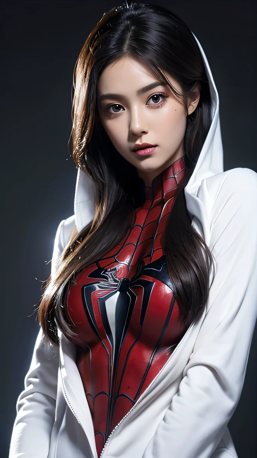 spider-woman, white suit, beautiful eyes, half body, masterpiece, ultra high details
