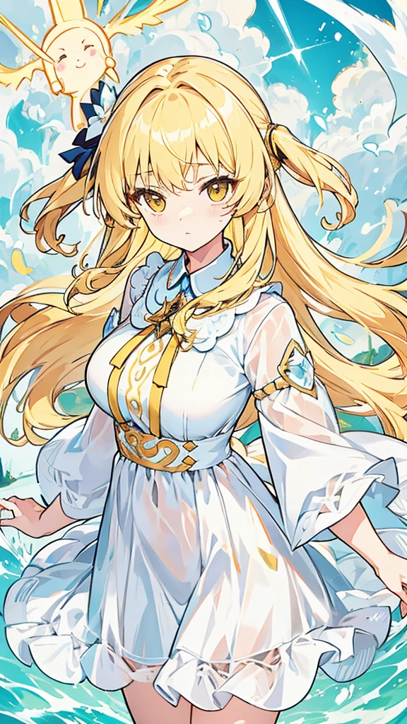 Showing the whole body Cute Baby face Big breasts Flying in the sky White simple dress Long hair Angel Blonde Yellow eyes Deformed