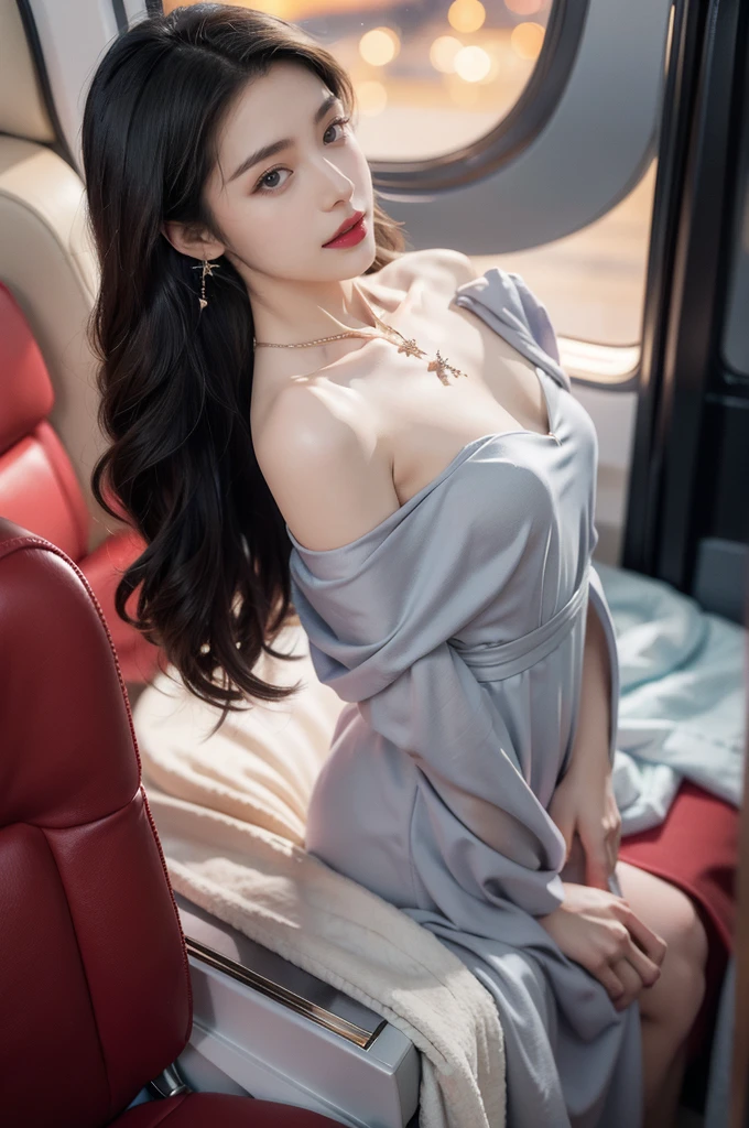 (((best quality))),(((ultra detailed))),(((masterpiece))),illustration,(a beautiful girl,female passenger,solo),(parted red lips),((slim,thin,small breasts,flat chest)),((earrings,crystal necklace)),(slender legs:1.2),summer night,((in airplane,economy class,indoor)),(blanket over shoulders:1.3),((dress)),(shoulder length straight bob hair:1.2),stars,moonlight,smooth flight,engine sound,lullaby,relaxed,excited,laughing,visiting family,comfortable seats,soft fabric,headrests,adjustable,beauty of night sky,dimmed lights,sleeping passengers,movies,personal screens,staying awake,magic of sky,joy of being with family,memorable journey,adventures,(surrounded by crowded crowds:1.3),(Outside the window is high-altitude night view:1.2),((standing,from front,full body)),(arms behind back:1.3)