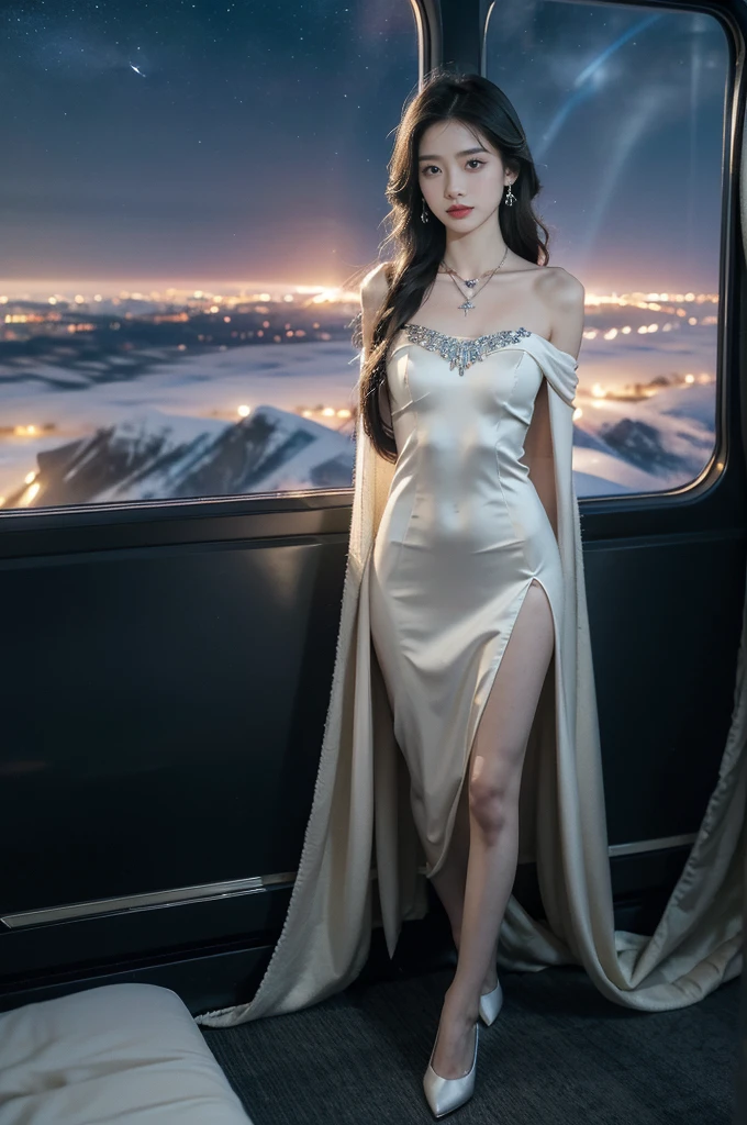 (((best quality))),(((ultra detailed))),(((masterpiece))),illustration,(a beautiful girl,female passenger,solo),(parted red lips),((slim,thin,small breasts,flat chest)),((earrings,crystal necklace)),(slender legs:1.2),summer night,((in airplane,economy class,indoor)),(blanket over shoulders:1.3),((dress)),(shoulder length straight bob hair:1.2),stars,moonlight,smooth flight,engine sound,lullaby,relaxed,excited,laughing,visiting family,comfortable seats,soft fabric,headrests,adjustable,beauty of night sky,dimmed lights,sleeping passengers,movies,personal screens,staying awake,magic of sky,joy of being with family,memorable journey,adventures,(surrounded by crowded crowds:1.3),(Outside the window is high-altitude night view:1.2),((standing,from front,full body)),(arms behind back:1.3)