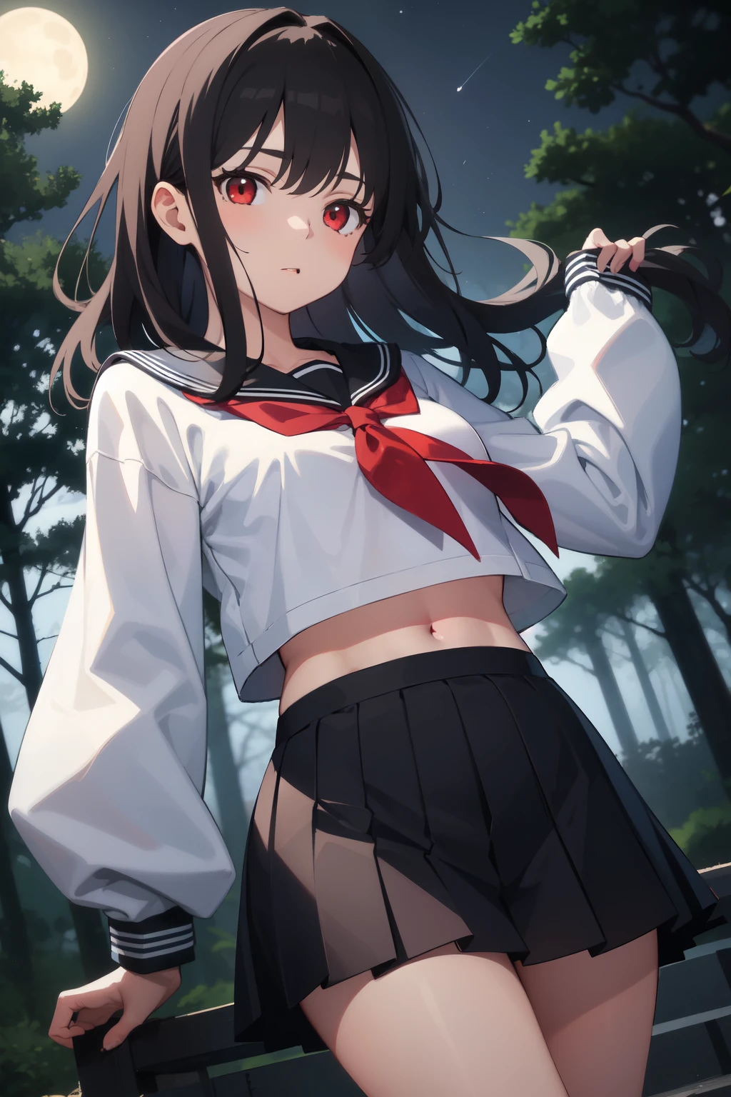 ((best quality)), ((masterpiece)), (detailed), 1girl, cute,Black Hair,,肩までの長さのBlack Hair,Medium length hair,Red Eyes,Night Forest,Spooky Forest,Sailor suit,Black and white ,Pleated skirt