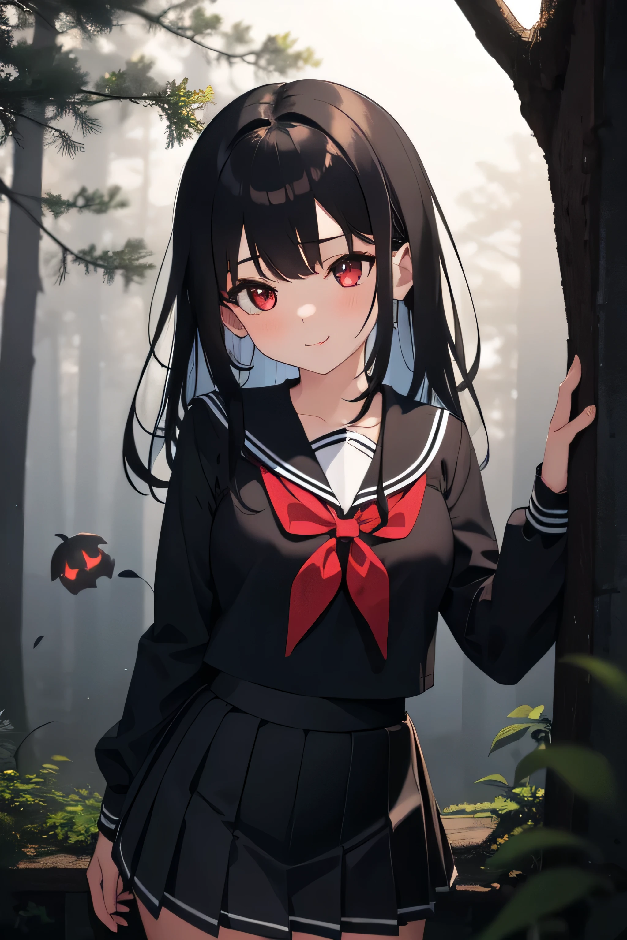 ((best quality)), ((masterpiece)), (detailed), 1girl, cute,Black Hair,,肩までの長さのBlack Hair,Medium length hair,Red Eyes,Night Forest,Spooky Forest,Sailor suit,Black and white ,Pleated skirt
