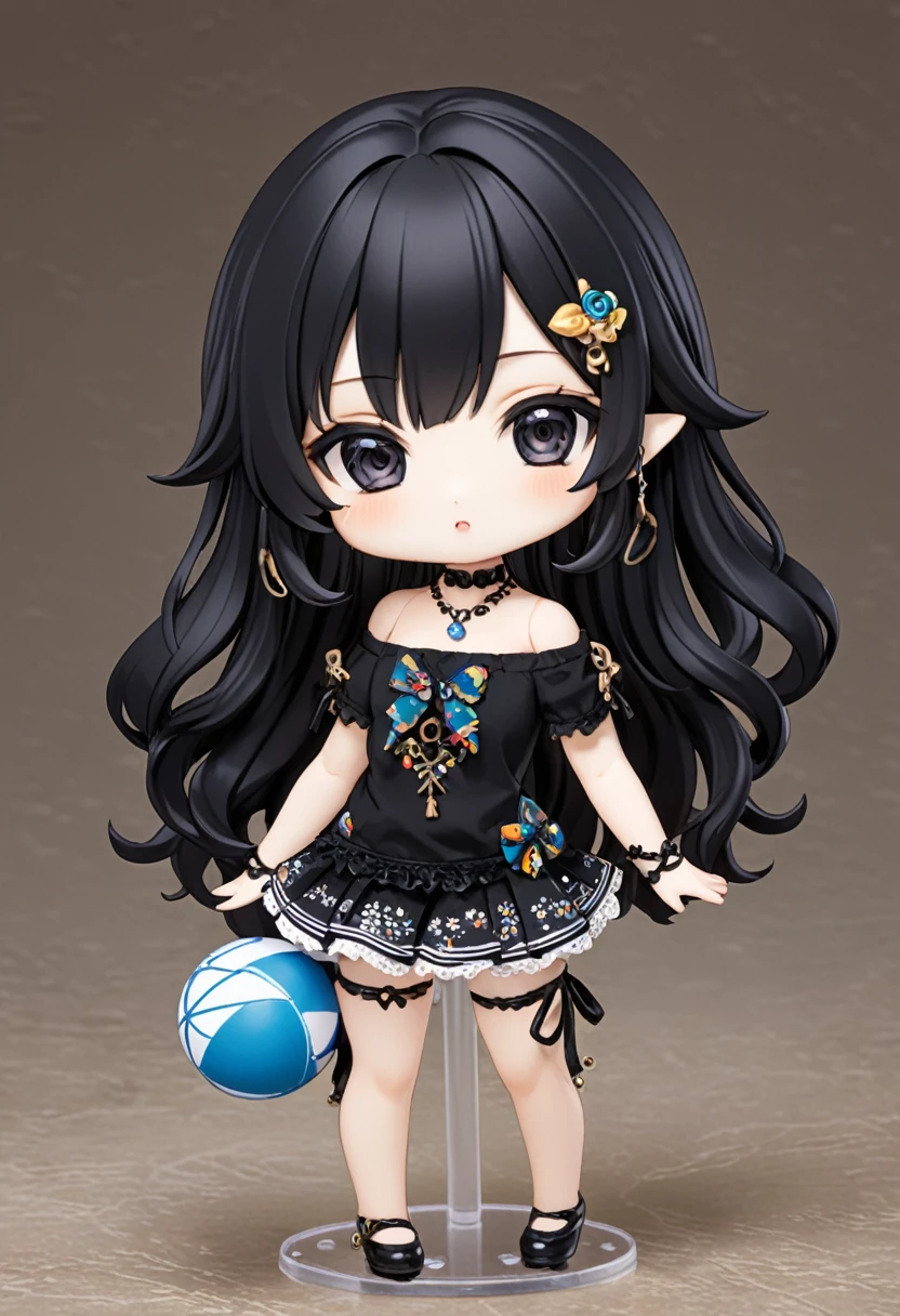 Doll with ball-jointed limbs、girl、Off-the-shoulder short-sleeve mini skirt、Dark Eyes、Black Hair、whole body 、chibi