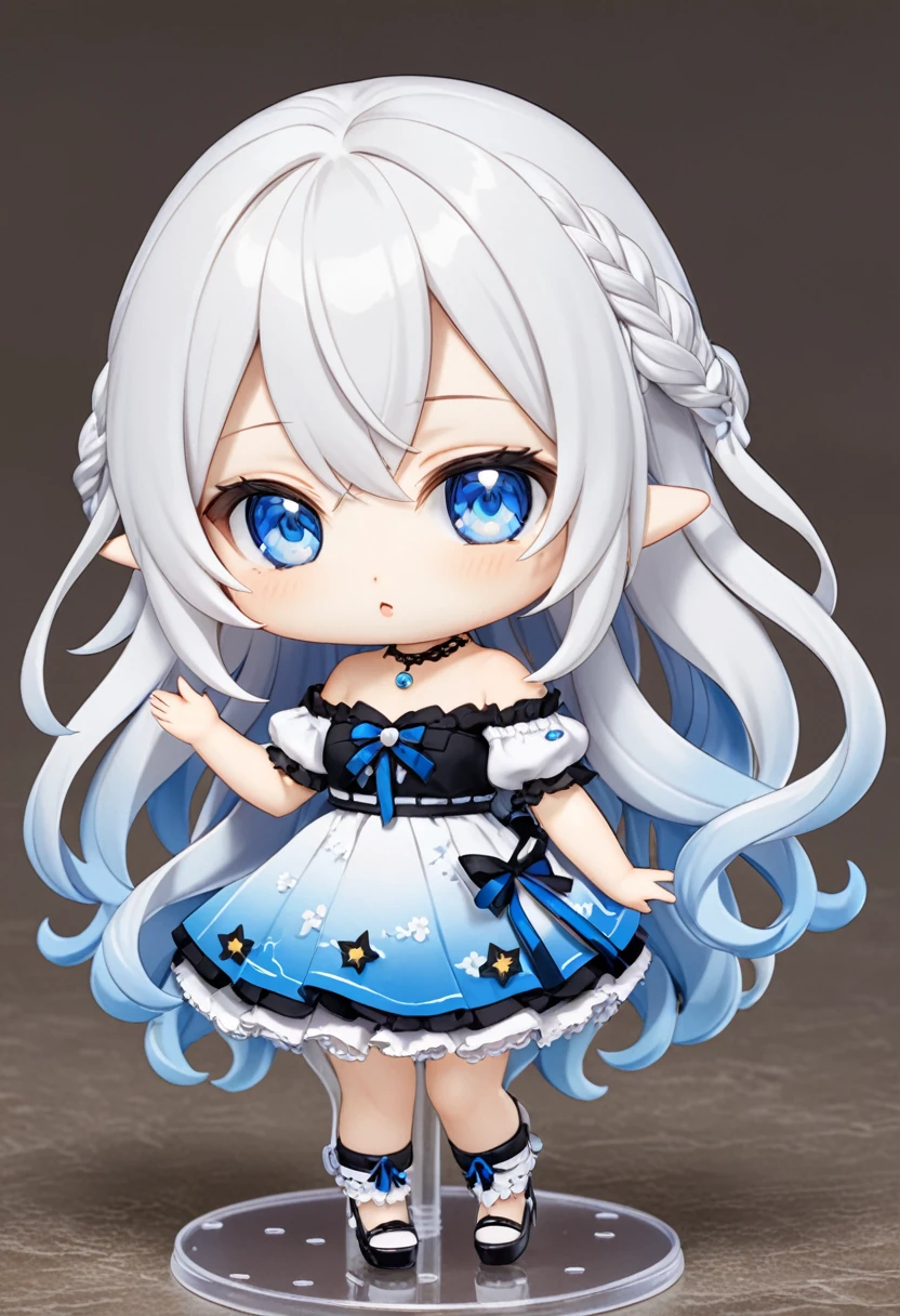 Doll with ball-jointed limbs、girl、Off-the-shoulder short-sleeve mini skirt、Blue Eyes、White Hair、whole body、chibi