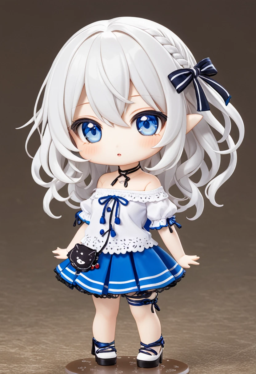 Doll with ball-jointed limbs、girl、Off-the-shoulder short-sleeve mini skirt、Blue Eyes、White Hair、whole body、chibi