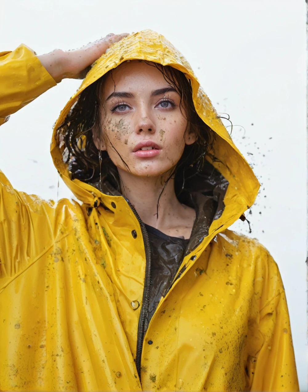 a young woman wearing a bright yellow shiny raincoat, ((((mud splatters and muddy raincoat)))), muddy clothes, beautiful detailed eyes, beautiful detailed lips, extremely detailed face, long eyelashes, outdoor rainy scene, puddles on the ground, intricate texture, photorealistic, 8k, high quality, masterpiece, professional, vivid colors, dramatic lighting