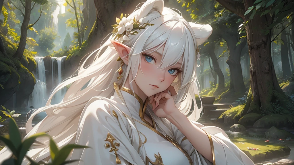 1 girl, Beautiful girl, White hair, "Elf with a captivating look, unearthly beauty, flowing golden hair, pointed ears, dressed in elaborate elven attire, surrounded by a mystical forest, soft sunlight, breaking through lush greenery.", Asian skin tone, Beautiful eyes, beautiful asian face, , long hair, masterpiece, , realistic hair, a lot of hair, White hair, depth of field, point of interest, depth of field is masterpiece, best photography composition masterpiece, rule of third masterpiece photography, daylight, photography masterpiece daylight from side, realistic skin texture, strong reflection, ( pose pinterest) masterpiece beautiful, Devil's Horns, smooth pixel, ray of light, soft light,