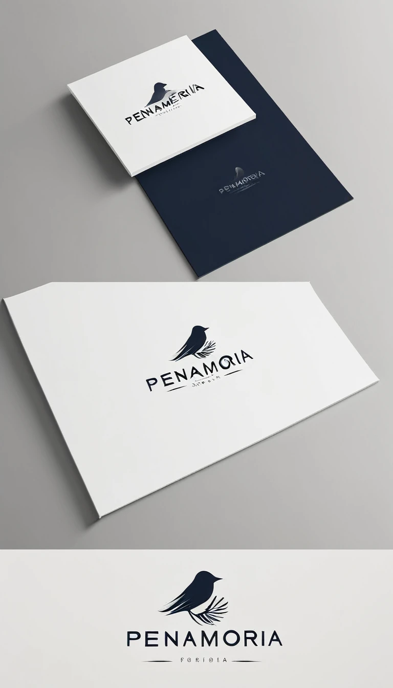 A minimal, modern, simple, cinematic logo design for the brand “Penamemoria". Create a modern, minimalistic, high-quality, logo of a feather-bird