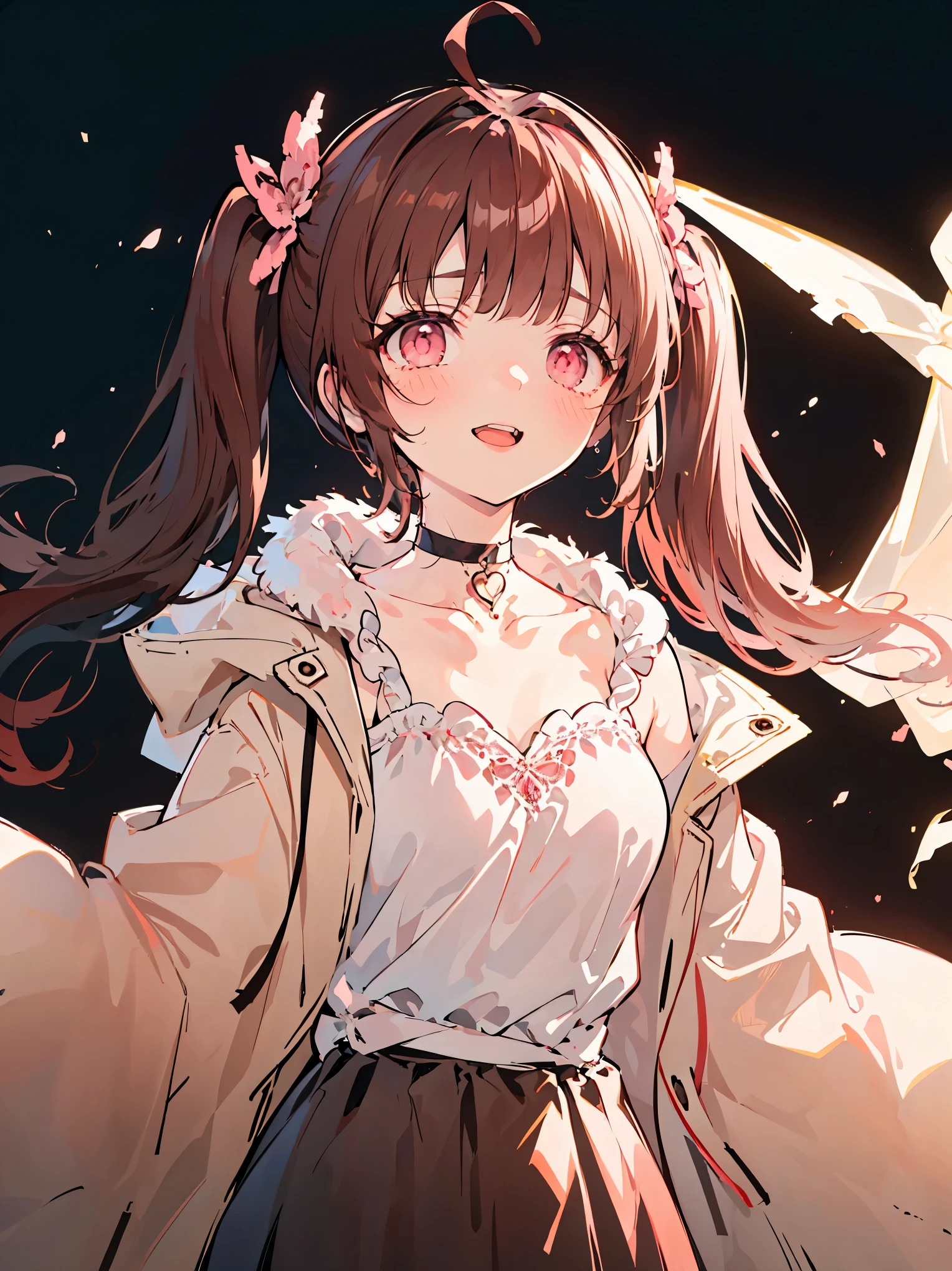 {{{{masterpiece}}}}, {{{Super detailed}}}, {{{high resolution}}},{{high resolution:1.3}}, {{good anatomy}}, (((best quality))), ((anime style,anime girl)),(((pink eyes,brown hair))),(big perfect eyes),((yandere,dark eyelash)),(((coat skirt,collarbone,gray dress, jewelry, choker,necklace,dark atmosphere,night time))), hairclip, {8k cg wallpaper}, {{illustration,zoom in,focus on face,close-up shot, looking out a window}},((twintails|ahoge|floating hair|blunt bangs|short hair|curly))smile,(1girl:1), bride,solo,alone,(Color difference:1.2),(yandere smile,open mouth with Tongue,evil smile,Dark space),blushing,neat face,(medium breasts),((The details are complex、Shallow depth of field、weak lighting、a Canon EOS R5、50mm lens、f / 2.8、shot at 8k resolution))
