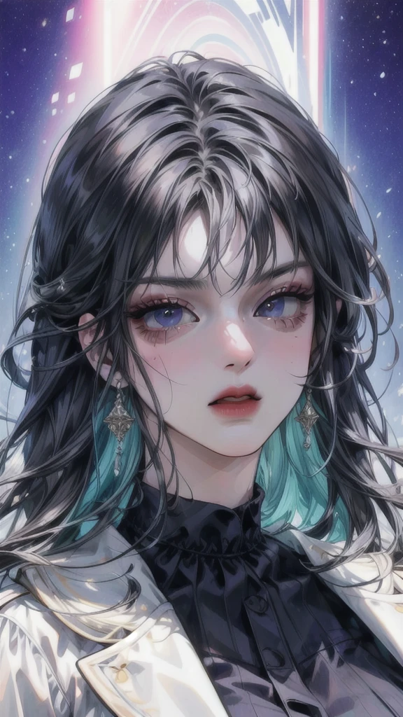 a beautiful young woman with delicate features, detailed eyes, elegant lips, and long eyelashes, wearing a white coat and black shirt with long sleeves, posing in an intricate and highly detailed scene, masterfully rendered in a photorealistic style with exceptional quality, vivid colors, and perfect lighting