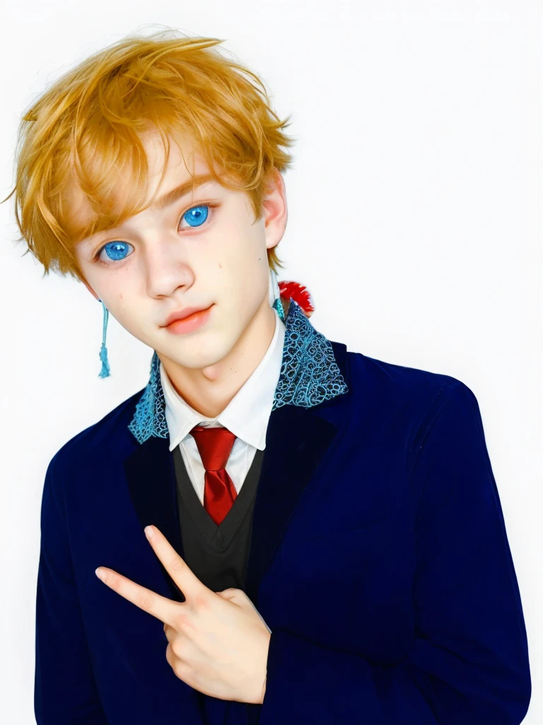 Young boy, handsome, blue ocean eyes, with blue dongker jass, softboy face, white skin, smirk lips, perfect body